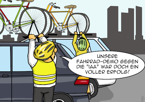 Cartoon: gegen Autos (medium) by pierre-cda tagged emobilität,elektroautos,iaa,frankfurt,autoausstellung,demonstration,klimaschutz,umweltschutz,pierrecda,co2,emission,treibhausgase,diesel,farhrraddemo,klimawandel,verkehrswende