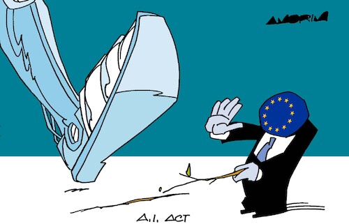 Cartoon: AI Act first regulation (medium) by Amorim tagged artificial,intelligence,european,union,artificial,intelligence,european,union