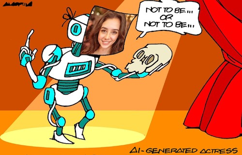 Cartoon: Coming soon to a theater near yo (medium) by Amorim tagged artificialinteligence,fakeactress,hollywood,artificialinteligence,fakeactress,hollywood
