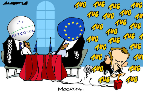 Cartoon: EU-Mercosul deal (medium) by Amorim tagged european,union,mercosul,emmanuel,macron,european,union,mercosul,emmanuel,macron