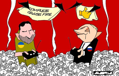 Cartoon: Peace talks with drones (medium) by Amorim tagged zelenski,putin,drones,zelenski,putin,drones
