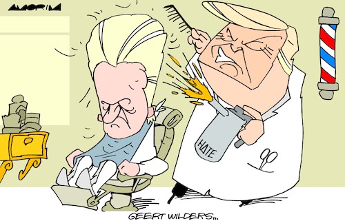 Cartoon: Trump Barbershop (medium) by Amorim tagged netherlands,geert,wilders,trump,netherlands,geert,wilders,trump