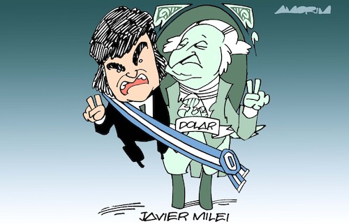 Cartoon: Who is in charge? (medium) by Amorim tagged argentina,javier,milei,dolar,argentina,javier,milei,dolar