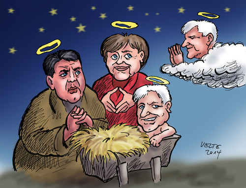 Cartoon: Heilige Familie (medium) by thomasvelte tagged weihnachten,christmas,gabriel,merkel,seehofer,heilige,familie,christkind,krippe