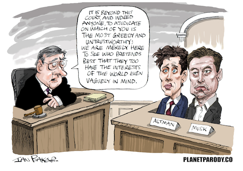 Cartoon: AI Wars - Musk vs Altman (medium) by Ian Baker tagged sam,altman,elon,musk,open,ai,billionairs,technology,courtcase,federal,court,twitter,plante,parody,satire,humour,comedy,spoof,judge,computers,monopolies,ian,baker,cartoonist,cartoon,caricature,editorial
