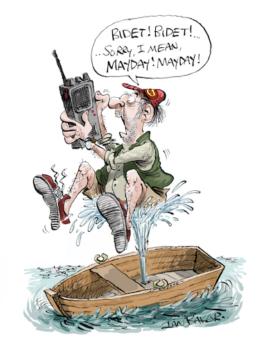 Cartoon: Bidet! Bidet! (medium) by Ian Baker tagged bidet,mayday,holiday,panic,fishing,boat,leak,water,radio,cb,emergency,ian,baker,cartoon,caricature,parody,spoof,satire,sea