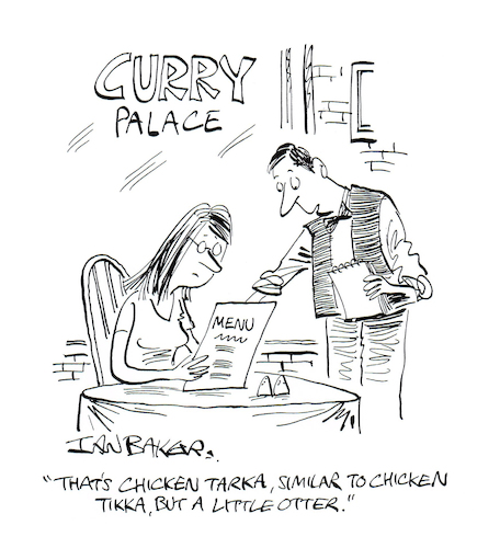 Cartoon: Curry (medium) by Ian Baker tagged ian,baker,gag,cartoon,magazine,newspaper,press,humour,restaurant,curry,indian,otter,tarka,chicken,menu,meal,woman,girl