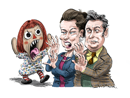 Cartoon: Ed and Lorraine Warren (medium) by Ian Baker tagged ed,and,lorraine,warren,spooky,ghosts,paranormal,annabelle,ammityville,hollywood,seventies,scary,demons,doll