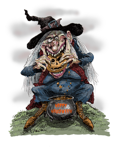 Cartoon: Halloween Witch (medium) by Ian Baker tagged halloween,witch,pumpkin,eat,fall,autumn,spooky,monster,creature,horror,paranormal,evil,occult,trick,or,treat,old,woman,ian,baker,cartoon,caricature