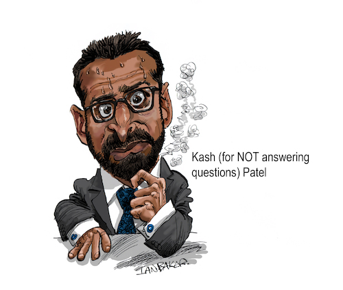 Cartoon: Kash Patel (medium) by Ian Baker tagged kash,patel,donald,trump,fbi,federal,bureau,of,investigation,usa,america,politics,politician,lawyer,law,questions,republican,sleaze,corruption,sweating,satire,parody,comedy,spoof,ian,baker,cartoonist,cartoon,caricature,editorial,illustration