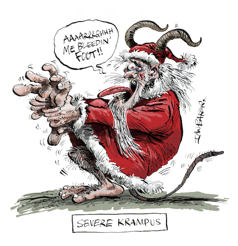 Cartoon: Krampus (medium) by Ian Baker tagged krampus,christmas,father,santa,claus,evil,monster,horror,film,festive,yule,creature,ian,baker,cartoon,caricature,foot,cramp,pain