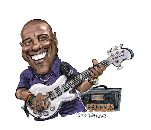 Cartoon: Nathan East by Ian Baker (medium) by Ian Baker tagged nathan,east,bassist,bass,player,musician,compser,eric,clapton,phil,collins,live,music,session,ian,baker,cartoon,cartoonist,caricature,illustration,drawing,parody,satire,tribute