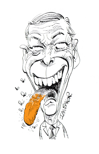 Cartoon: Nigel Farage (medium) by Ian Baker tagged nigel,farage,politics,donald,trump,right,wing,fascists,orange,tanning,lotion,makeup,licking,hatred,bbc,ian,baker,cartoon,caricature,parody,spoof,satire,evil,warning,illustration,editorial