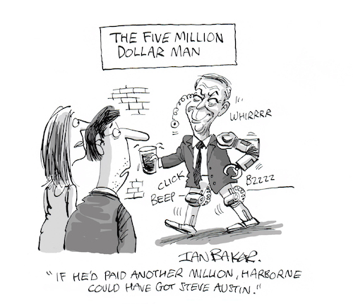 Cartoon: Nigel Farage corruption (medium) by Ian Baker tagged nigel,farage,reform,uk,cripto,funds,donations,bungs,billionaire,right,wing,nazi,fascist,criminal,bionic,man,million,steve,austin,ian,baker,satire,parody,comedy,humour,caricature,politics,elections