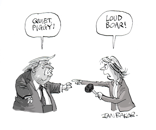 Cartoon: Quiet Piggy! (medium) by Ian Baker tagged donald,trump,president,racist,republican,usa,misogynist,reporter,bloomberg,airforce,one,piggy,quiet,bully,ian,baker,cartoon,caricature,satire,parody,politics,current,affairs,evil,orange