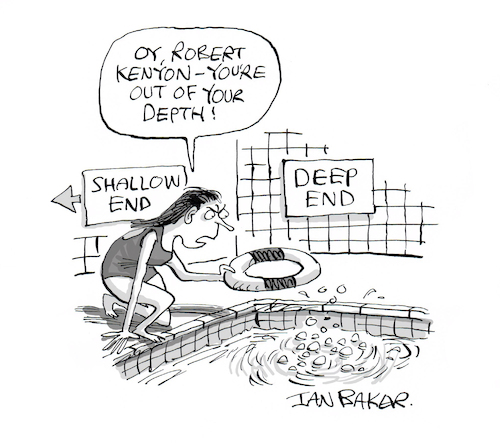 Cartoon: Robert Kenyon Reform UK (medium) by Ian Baker tagged robert,kenyon,reform,uk,party,british,politics,england,bbc,question,time,nigel,farage,racist,sexit,racism,bigot,idiot,stupid,ignorant,ian,baker,cartoonist,cartoon,caricature,satire,parody,spoof,humour,swimming,pool,drowning