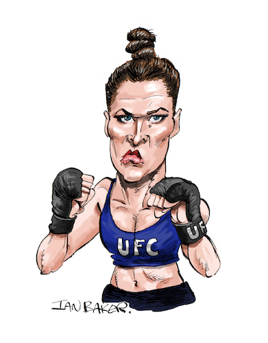 Cartoon: Ronda Rousey (medium) by Ian Baker tagged ronda,rousey,rowdy,american,usa,mixed,martial,artist,mma,wrestler,actress,wwe,olympics,cage,fighter,ian,baker,cartoon,cartoonist,caricature,parody,spoof,expendables,boxing,gloves