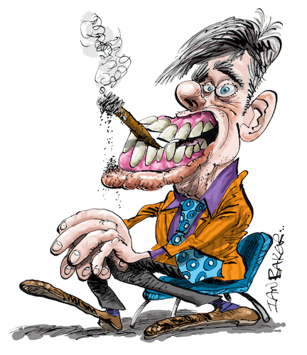 Cartoon: Silly Smoker (medium) by Ian Baker tagged man,lad,boy,male,smoker,cigarette,cigar,silly,teeth,mouth,extreme,ian,baker,cartoon,caricature,spoof,parody,illustration,tie,chair,gums,smoke