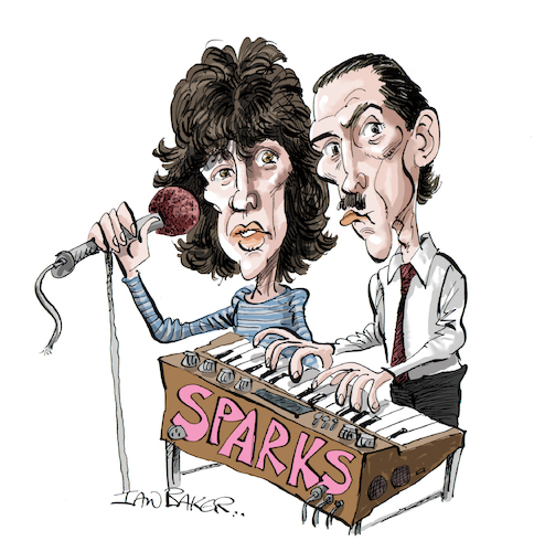 Cartoon: SPARKS (medium) by Ian Baker tagged sparks,band,group,70s,80s,synth,pop,ron,russell,mael,ian,baker,cartoon,caricature,spoof,parody,satire,illustration,music,rock,this,town,aint,big,enough,for,the,both,of,us