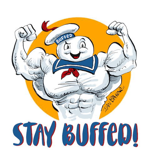 Cartoon: Stay Buffed! (medium) by Ian Baker tagged stay,buffed,puft,ghostbusters,muscle,strength,hench,marshmallow,horror,spooky,ian,baker,cartoon,merchandise,80s