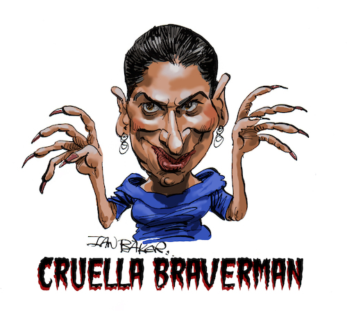 Cartoon: suella braverman (medium) by Ian Baker tagged ian,baker,caricature,cartoon,politician,suella,braverman,cruella,home,secretary,conservatives,government,tory,right,wing,halloween,sinister