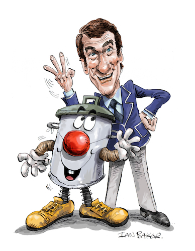 Cartoon: Ted Rogers and Dusty Bin (medium) by Ian Baker tagged ted,rogers,game,show,dusty,bin,70s,80s,booby,prize,garbage,ian,baker,cartoon,caricature,cartoonist,parody,satire,tribute,comey,humour,mascot,yorkshire,tv,uk,saturday,night,quiz,comedian,hand,gesture