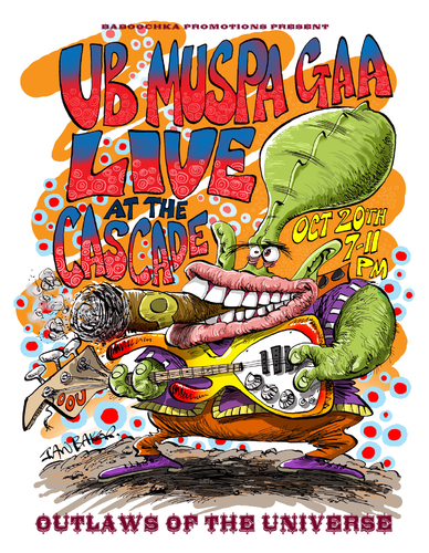 Cartoon: Ub Muspa Gaa (medium) by Ian Baker tagged ub,muspa,gaa,alien,space,martian,et,sci,fi,band,gig,poster,psychadelic,guitar,planet,outlaws,of,the,universe