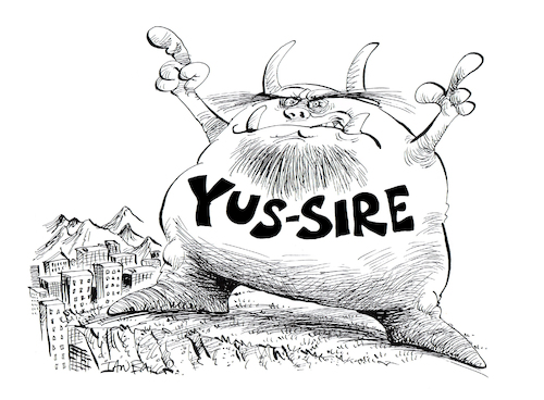 Cartoon: Yus - Sire (medium) by Ian Baker tagged yus,sire,monster,creature,ogre,notre,dame,saying,catchphrase,quote,mountain,cartoon,caricature,ian,baker,parody,spoof,character