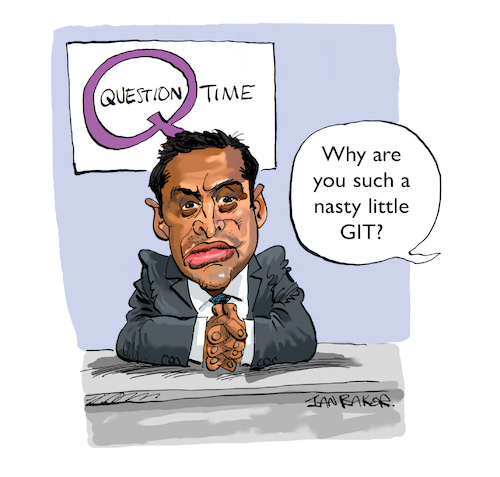 Cartoon: Zia Yusuf of Reform UK (medium) by Ian Baker tagged zia,yusuf,muhammad,ziauddin,british,england,politician,campaigner,right,wing,reform,uk,nigel,farage,racism,fascism,ian,baker,cartoon,caricature,parody,satire,spoof,question,time,tv,show,debate,bbc,bully,nasty,aggressive