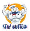 Cartoon: Stay Buffed! (small) by Ian Baker tagged stay,buffed,puft,ghostbusters,muscle,strength,hench,marshmallow,horror,spooky,ian,baker,cartoon,merchandise,80s