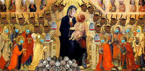 Cartoon: Die Madonna mit dem Kinde (medium) by Bilito tagged merkel,corona,covid,impfung,vaccine,maske,mundschutz,face,mask,madonna,satan,soros,clinton,oprah,queen,elizabeth,buffet,rockefeller,rothschild,bill,melinda,gates,tod,death,sklaverei,slavery,unterdrückung,suppression,hörner,horns,pferdefuß,cloven,hoof,apocalypse