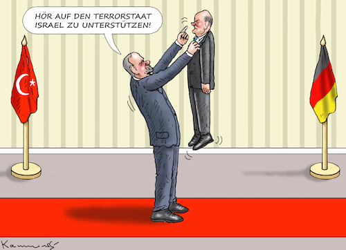 Cartoon: ANTITERRORIST ERDOGAN IN BERLIN (medium) by marian kamensky tagged antiterrorist,erdogan,in,berlin,hamas,scholz,antiterrorist,erdogan,in,berlin,hamas,scholz