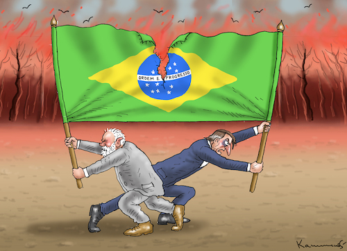 Cartoon: BRASILIENS ZERREIßPROBE (medium) by marian kamensky tagged brasiliens,zerreißprobe,lula,bolsonaro,brasiliens,zerreißprobe,lula,bolsonaro