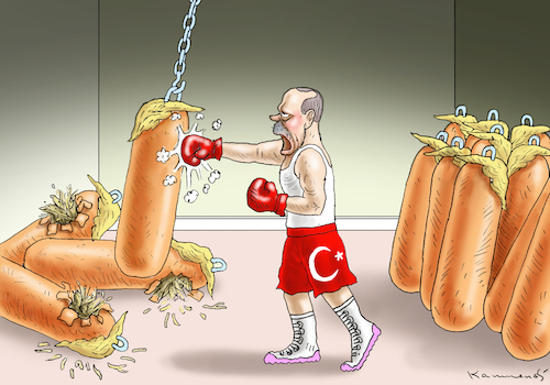 Cartoon: ERDOGANS SCHLÄGT TRUMP KO (medium) by marian kamensky tagged trump,versus,erdogan,lira,türkei,sanktionen,erdogans,iphone,boykott,trump,versus,erdogan,lira,türkei,sanktionen,erdogans,iphone,boykott