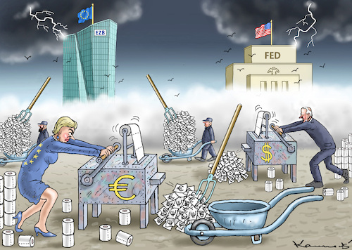 Cartoon: GELDDRUCKEREIEN (medium) by marian kamensky tagged gelddruckereien,inflation,gelddruckereien,inflation