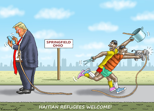 Cartoon: HAITIAN REFUGEES WELCOME! (medium) by marian kamensky tagged tv,duell,harris,vs,trump,abc,börse,nach,dem,tv,duell,harris,vs,trump,abc,börse,nach,dem