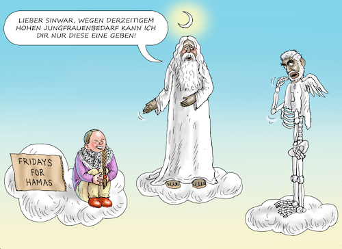 Cartoon: KEINE 72 JUNGFRAUEN FÜR SINWAR (medium) by marian kamensky tagged keine,72,jungfrauen,für,sinwar,hamas,terror,keine,72,jungfrauen,für,sinwar,hamas,terror