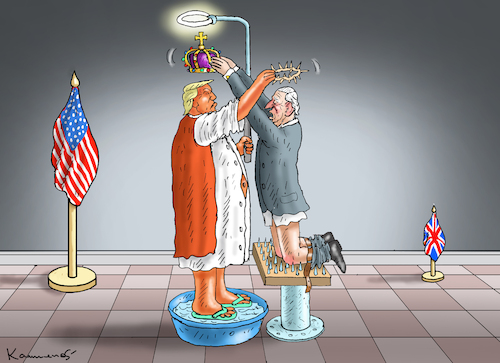 Cartoon: KRONENTAUSCH (medium) by marian kamensky tagged kronentausch,trump,könig,charles,kronentausch,trump,könig,charles