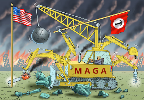 Cartoon: MONSTER BULLDOZER TRUCK (medium) by marian kamensky tagged musk,trump,zuckerberg,bezos,felon,and,elon,in,panama,musk,trump,zuckerberg,bezos,felon,and,elon,in,panama