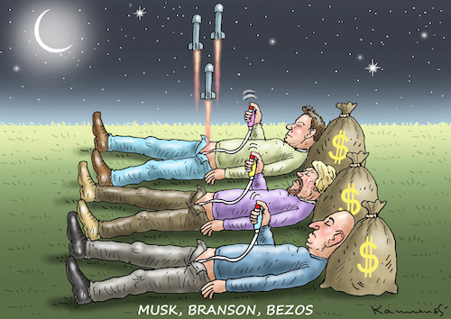 Cartoon: MUSK BRANSON BEZOS (medium) by marian kamensky tagged musk,branson,bezos,musk,branson,bezos