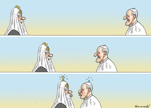 Cartoon: NACH 1000 JAHREN (medium) by marian kamensky tagged papst,franciskus,orthodoxe,kirche,russland,papst,franciskus,orthodoxe,kirche,russland