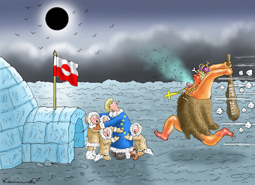 Cartoon: NEANDERTALKAISER MIT ZÖLLEN (medium) by marian kamensky tagged zölle,eu,grönland,trump,zölle,eu,grönland,trump