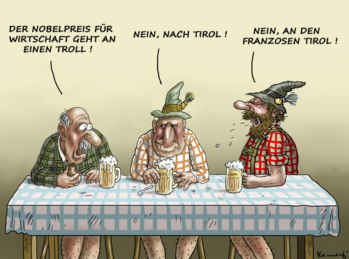 Cartoon: Nobelpreisdebatte in Tirol (medium) by marian kamensky tagged nobelpreis,für,wirtschaft,frankreich,tirol,nobelpreis,für,wirtschaft,frankreich,tirol