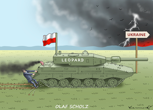 Cartoon: POLEN-AUSBREMSER OLAF (medium) by marian kamensky tagged flucht,aus,cherson,putin,energieterror,ukraine,ölpreisdeckel,leopard,flucht,aus,cherson,putin,energieterror,ukraine,ölpreisdeckel,leopard