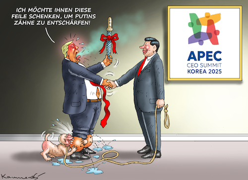 Cartoon: PUTINS ENTSCHÄRFUNG (medium) by marian kamensky tagged musk,trump,zuckerberg,bezos,felon,and,elon,in,panama,zölle,diktator,selenskyj,putin,ukraine,usa,china,handelskrieg,musk,trump,zuckerberg,bezos,felon,and,elon,in,panama,zölle,diktator,selenskyj,putin,ukraine,usa,china,handelskrieg