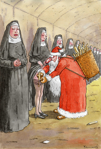 Cartoon: Santa Claus by Catholics (medium) by marian kamensky tagged humor,weihnachten,weihnachtsmann,religion,kultur,tradition,kirche,nonnen,sakrileg,sünde,geschenke,überraschung,rute