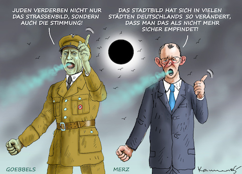 Cartoon: STADTSTRASSENBILDER (medium) by marian kamensky tagged merz,stadvild,ausländer,populismus,faschismus,goebbels,afd,merz,stadvild,ausländer,populismus,faschismus,goebbels,afd