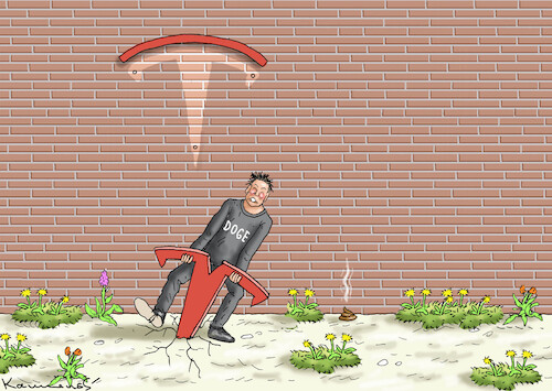 Cartoon: TESLA- ABSTURZ (medium) by marian kamensky tagged musk,trump,zuckerberg,bezos,felon,and,elon,in,panama,zölle,diktator,selenskyj,putin,ukraine,usa,tesla,vs,musk,trump,zuckerberg,bezos,felon,and,elon,in,panama,zölle,diktator,selenskyj,putin,ukraine,usa,tesla,vs