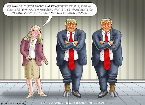 Cartoon: UNSCHULDSLAMM TRUMP (medium) by marian kamensky tagged hilfsbereite,justizministerin,bondi,epstein,akte,hilfsbereite,justizministerin,bondi,epstein,akte