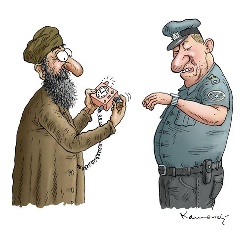 Cartoon: Wie spät ist es (medium) by marian kamensky tagged taliban,terrorismus,innere,sicherheit,taliban,terrorismus,sicherheit